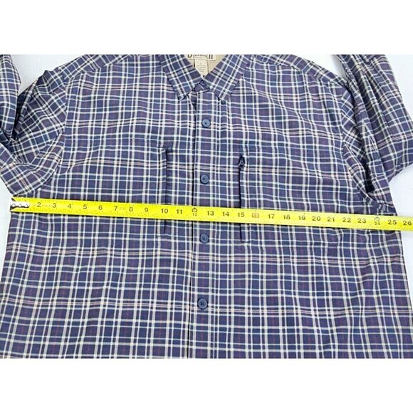 Duluth Size Large Mens Navy Tan Red Check Zip Pocket Back Vent Button Down Shirt - Picture 3 of 11